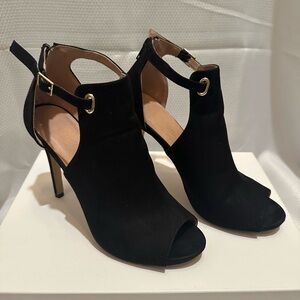 Madden NYC Black Suede Stiletto Heels with Gold Buckles